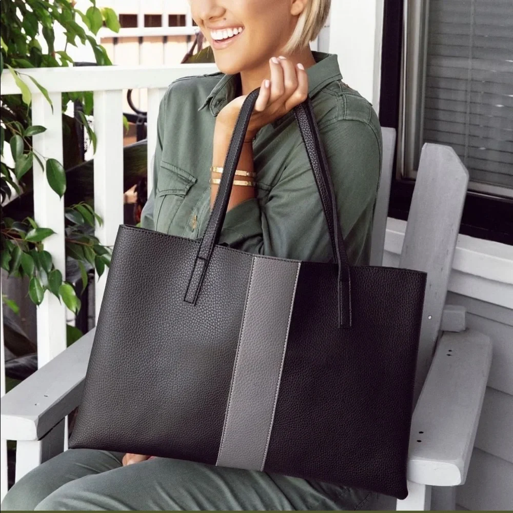 Vince Camuto Black Pebbled Faux Leather Tote Bag